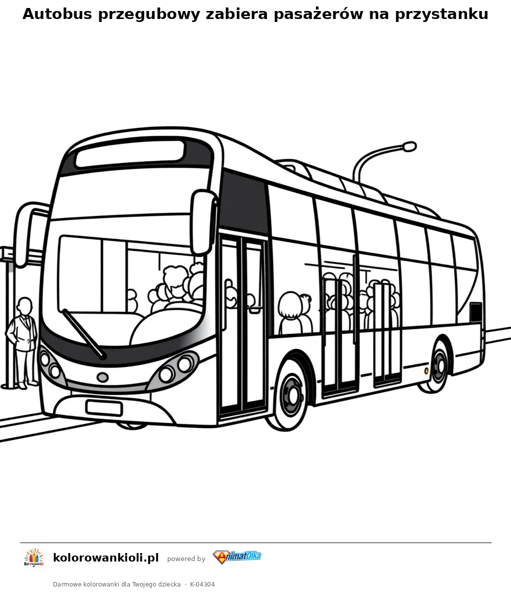 Autobus przegubowy zabiera pasażerów na przystanku — kolorowanka do wydruku dla dzieci