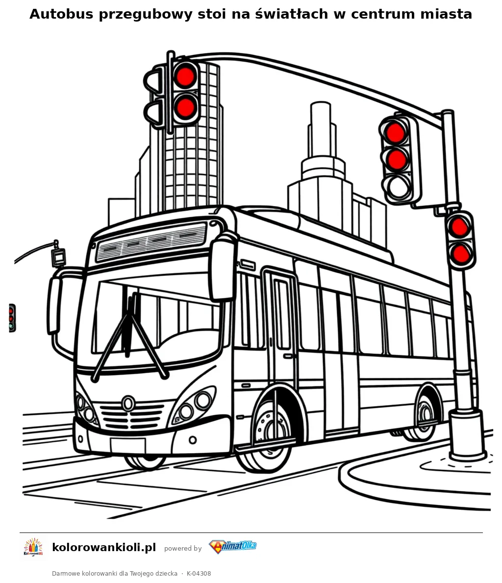 Autobus przegubowy stoi na światłach w centrum miasta — kolorowanka do wydruku dla dzieci