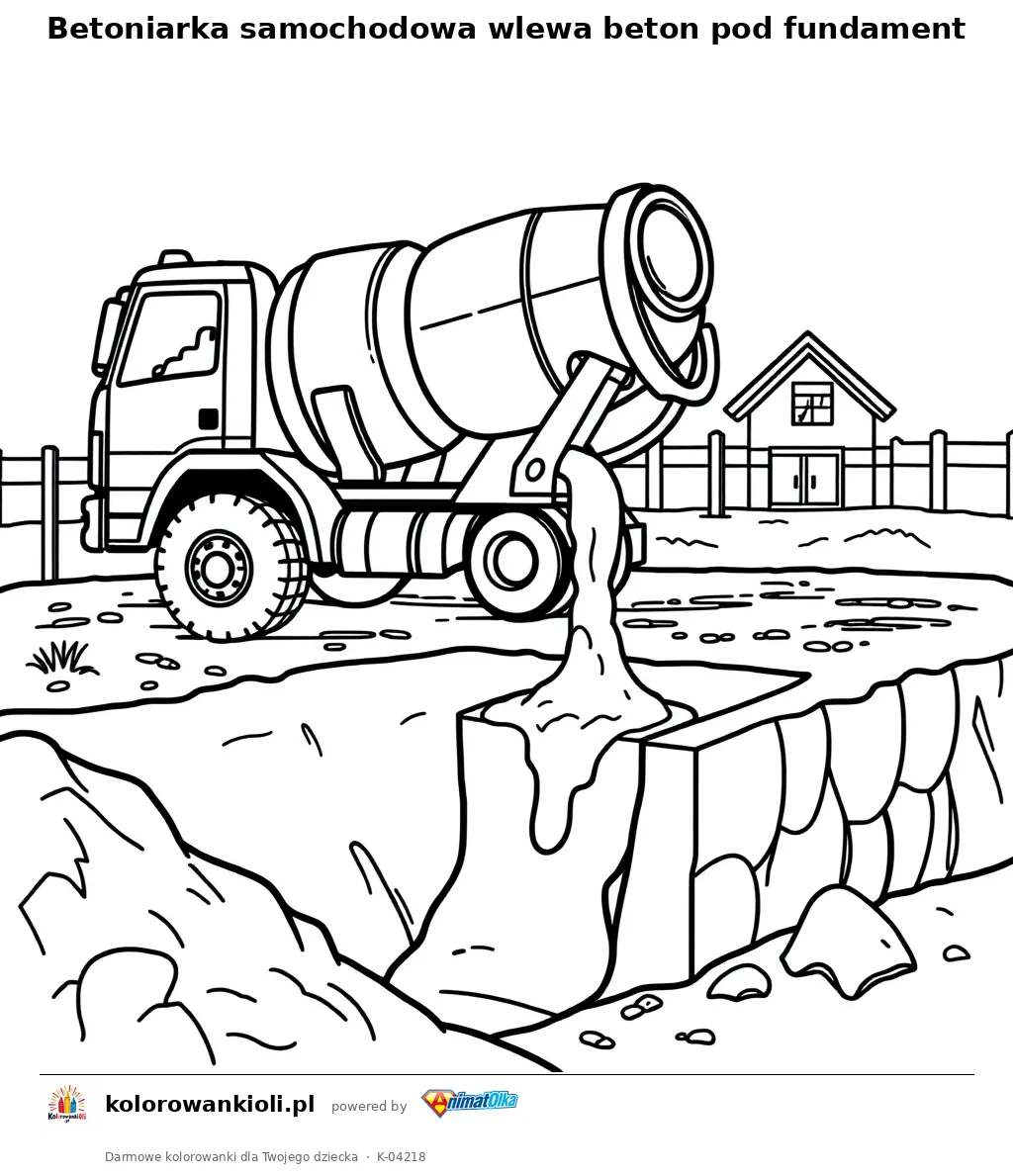 Betoniarka samochodowa wlewa beton pod fundament — kolorowanka do wydruku dla dzieci