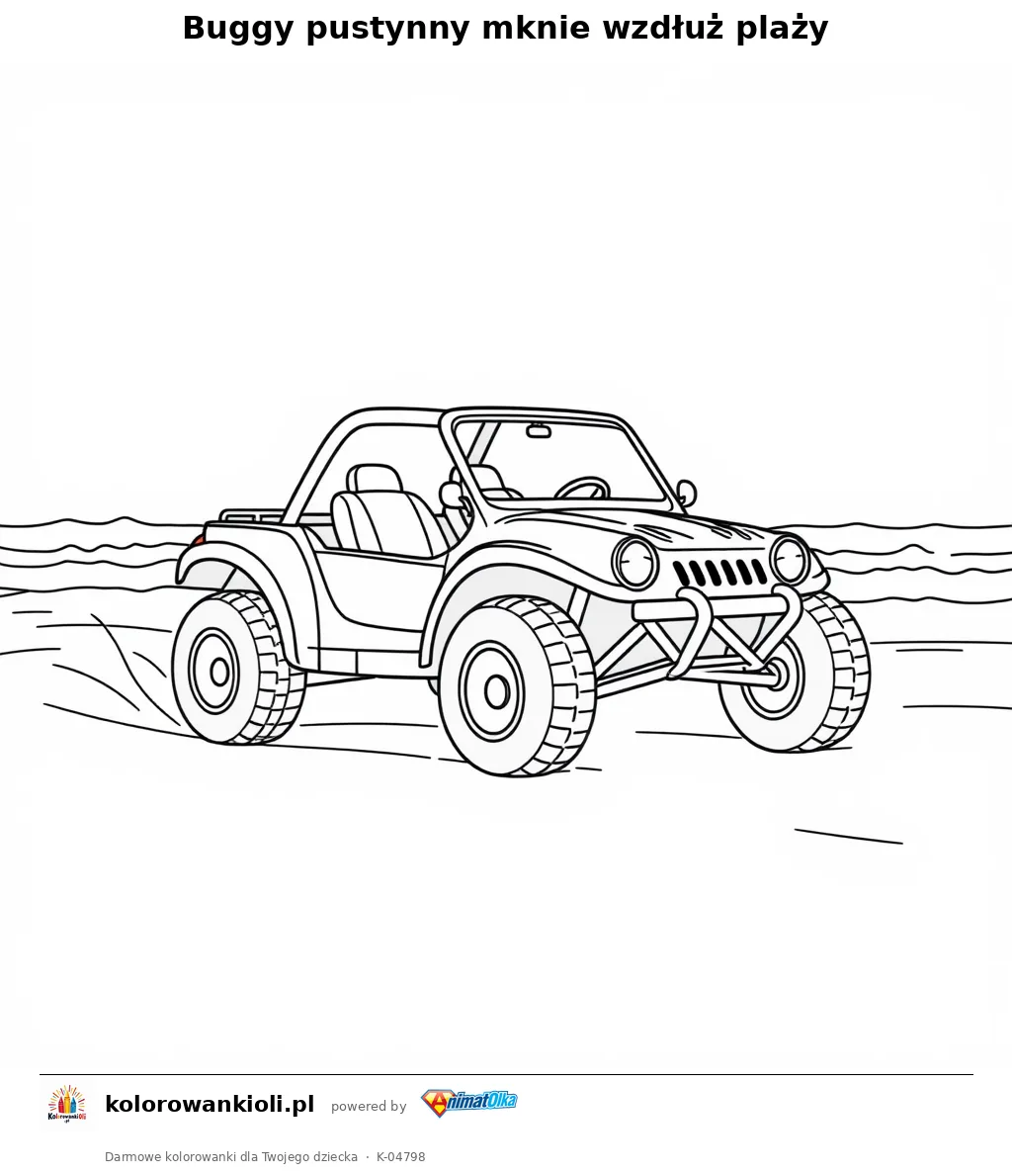 Buggy pustynny mknie wzdłuż plaży — kolorowanka do wydruku dla dzieci
