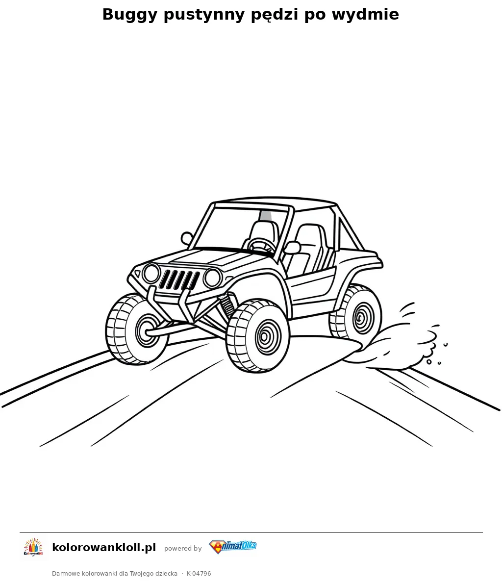 Buggy pustynny pędzi po wydmie — kolorowanka do wydruku dla dzieci