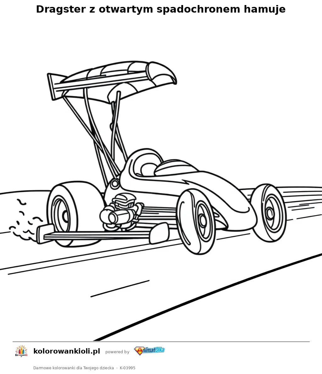 Dragster z otwartym spadochronem hamuje — kolorowanka do wydruku dla dzieci