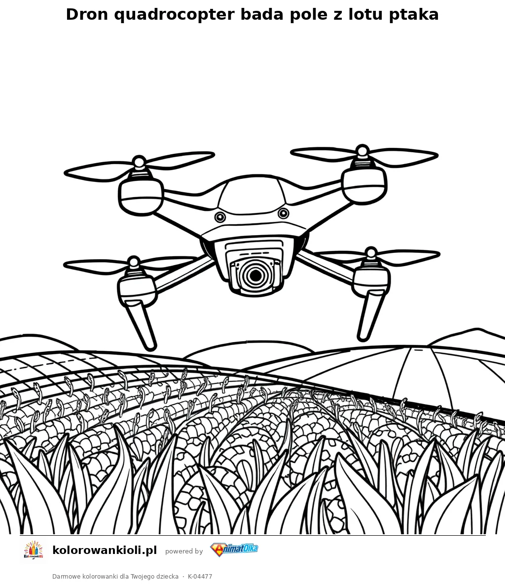 Dron quadrocopter bada pole z lotu ptaka — kolorowanka do wydruku dla dzieci