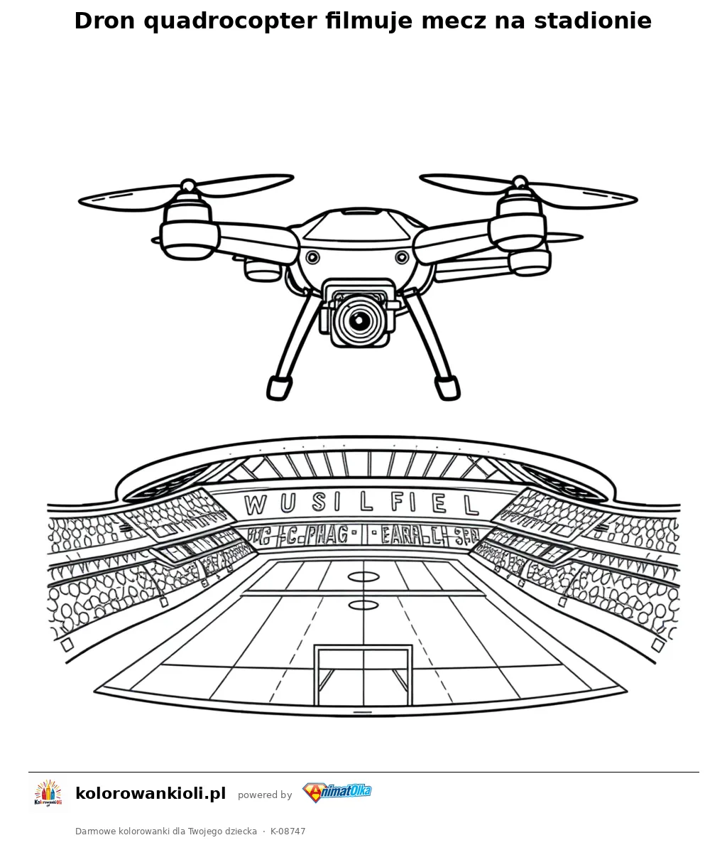 Dron quadrocopter filmuje mecz na stadionie — kolorowanka do wydruku dla dzieci