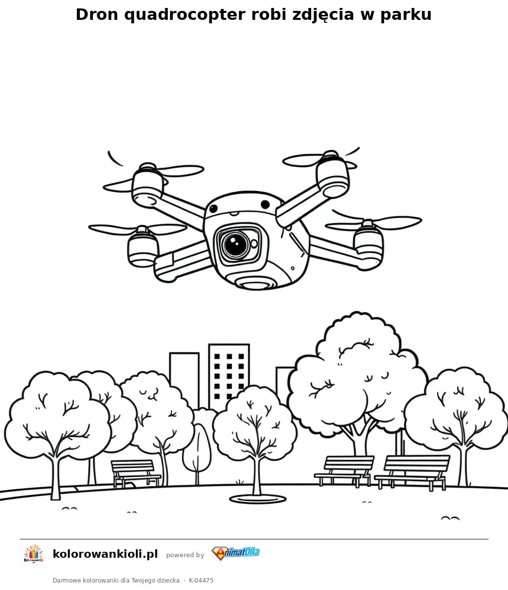 Dron quadrocopter robi zdjęcia w parku — kolorowanka do wydruku dla dzieci