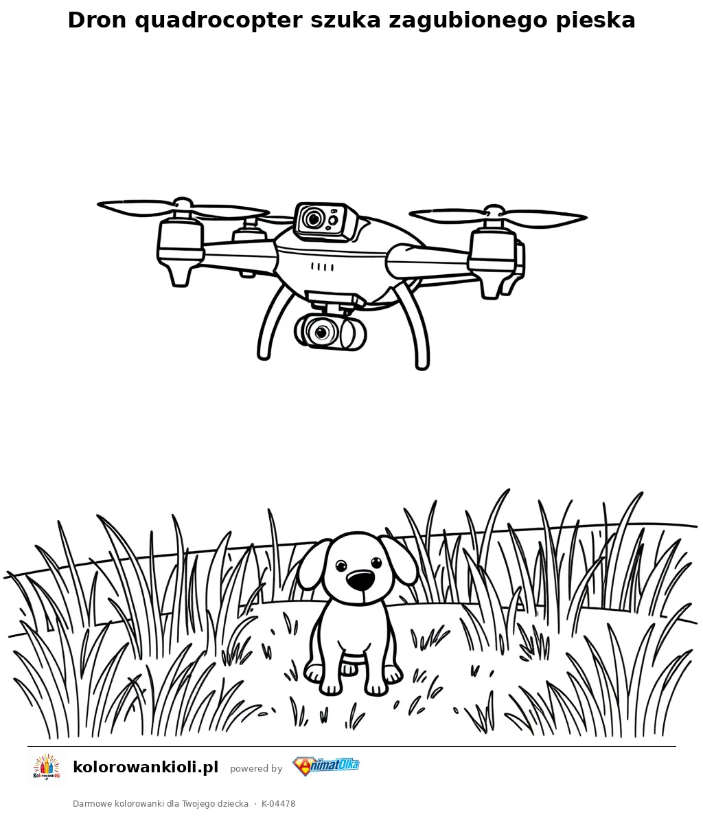 Dron quadrocopter szuka zagubionego pieska — kolorowanka do wydruku dla dzieci