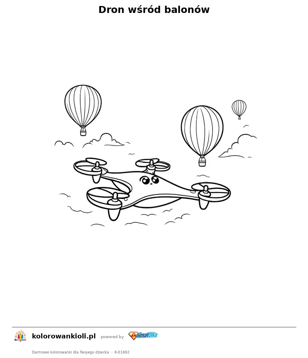 Dron wśród balonów — kolorowanka do wydruku dla dzieci