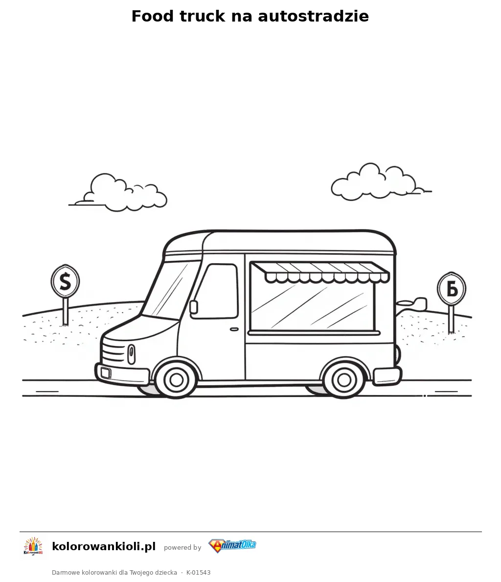 Food truck na autostradzie — kolorowanka do wydruku dla dzieci