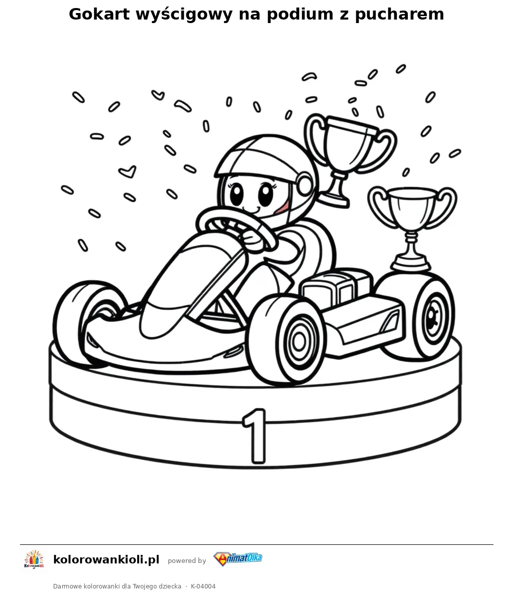 Gokart wyścigowy na podium z pucharem — kolorowanka do wydruku dla dzieci