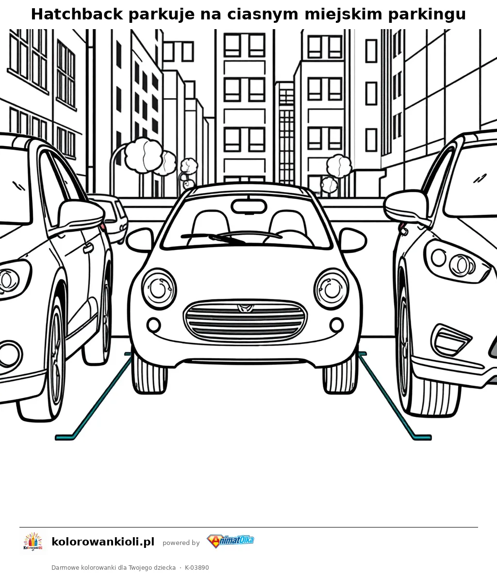 Hatchback parkuje na ciasnym miejskim parkingu — kolorowanka do wydruku dla dzieci