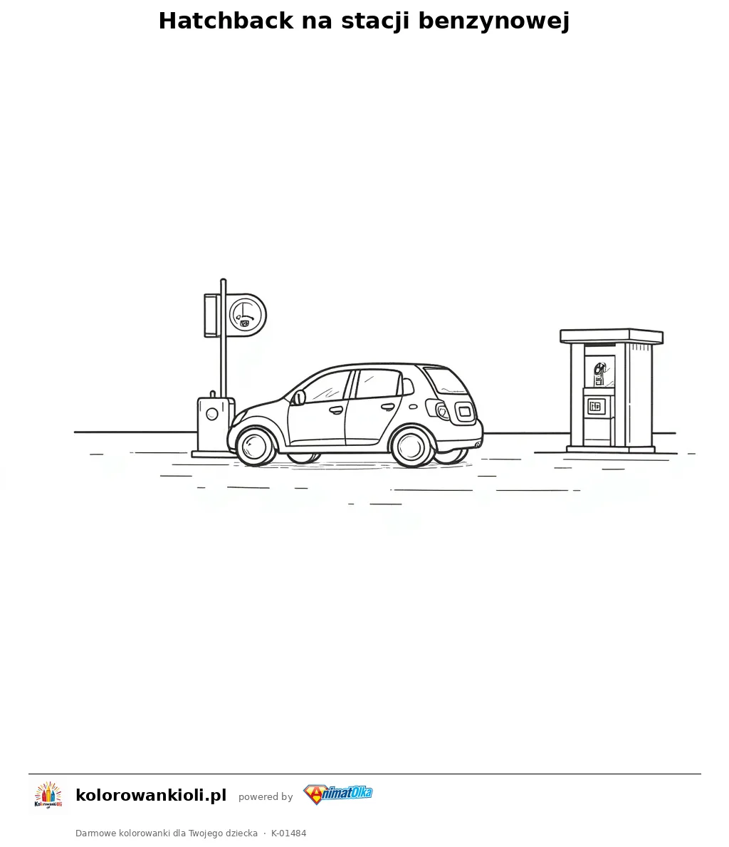 Hatchback na stacji benzynowej — kolorowanka do wydruku dla dzieci