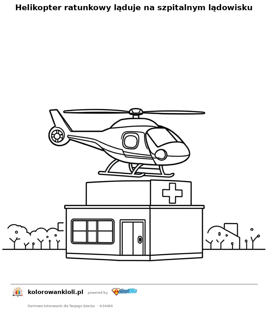 Helikopter ratunkowy ląduje na szpitalnym lądowisku — kolorowanka do wydruku dla dzieci