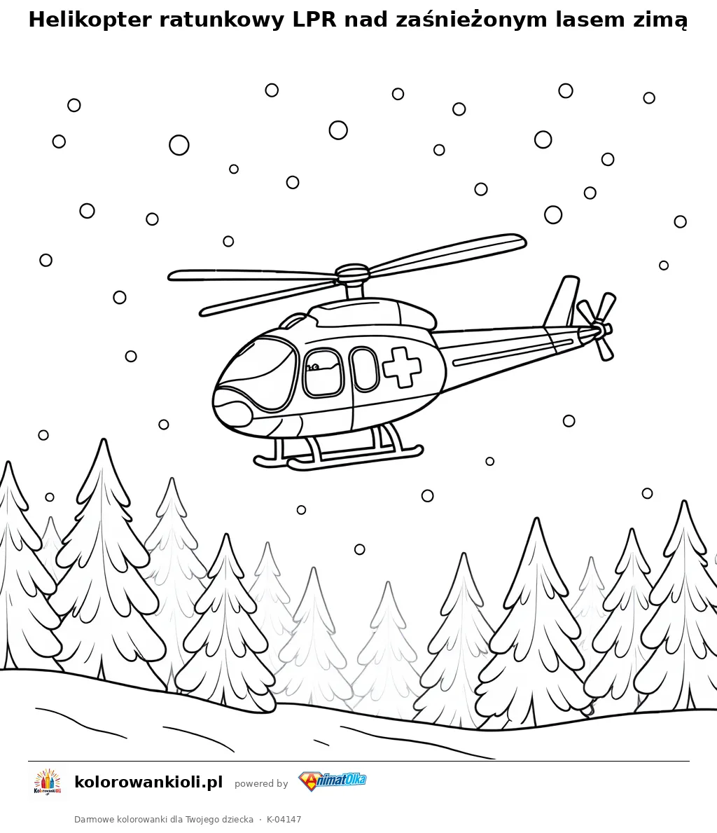 Helikopter ratunkowy LPR nad zaśnieżonym lasem zimą — kolorowanka do wydruku dla dzieci