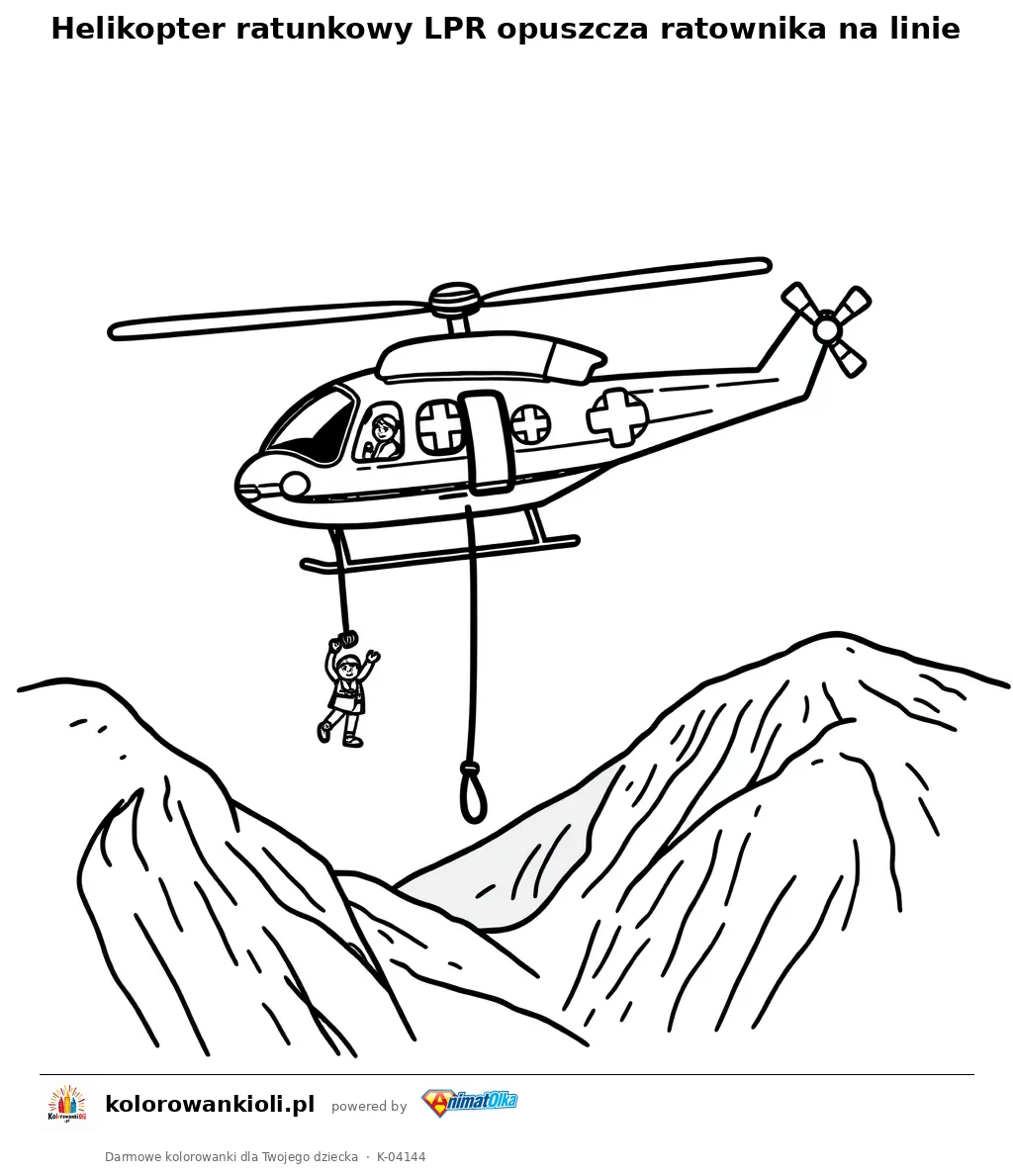 Helikopter ratunkowy LPR opuszcza ratownika na linie — kolorowanka do wydruku dla dzieci