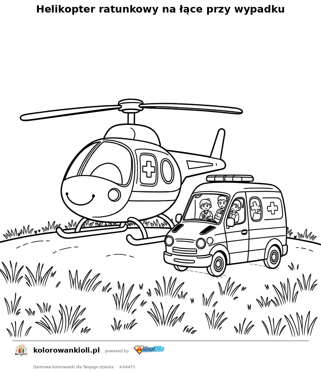 Helikopter ratunkowy na łące przy wypadku — kolorowanka do wydruku dla dzieci