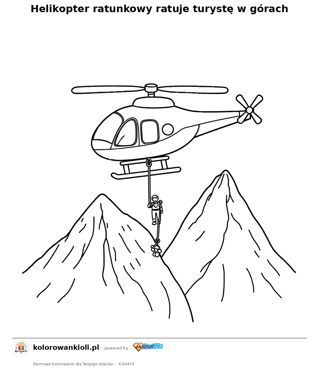 Helikopter ratunkowy ratuje turystę w górach — kolorowanka do wydruku dla dzieci
