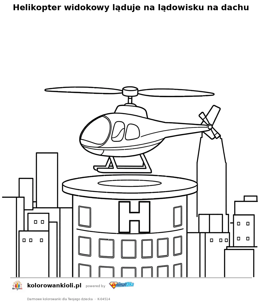 Helikopter widokowy ląduje na lądowisku na dachu — kolorowanka do wydruku dla dzieci