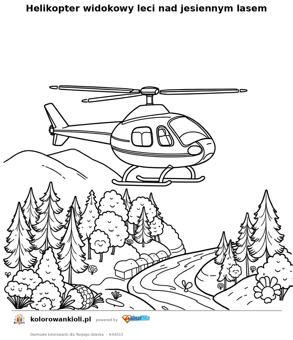 Helikopter widokowy leci nad jesiennym lasem — kolorowanka do wydruku dla dzieci