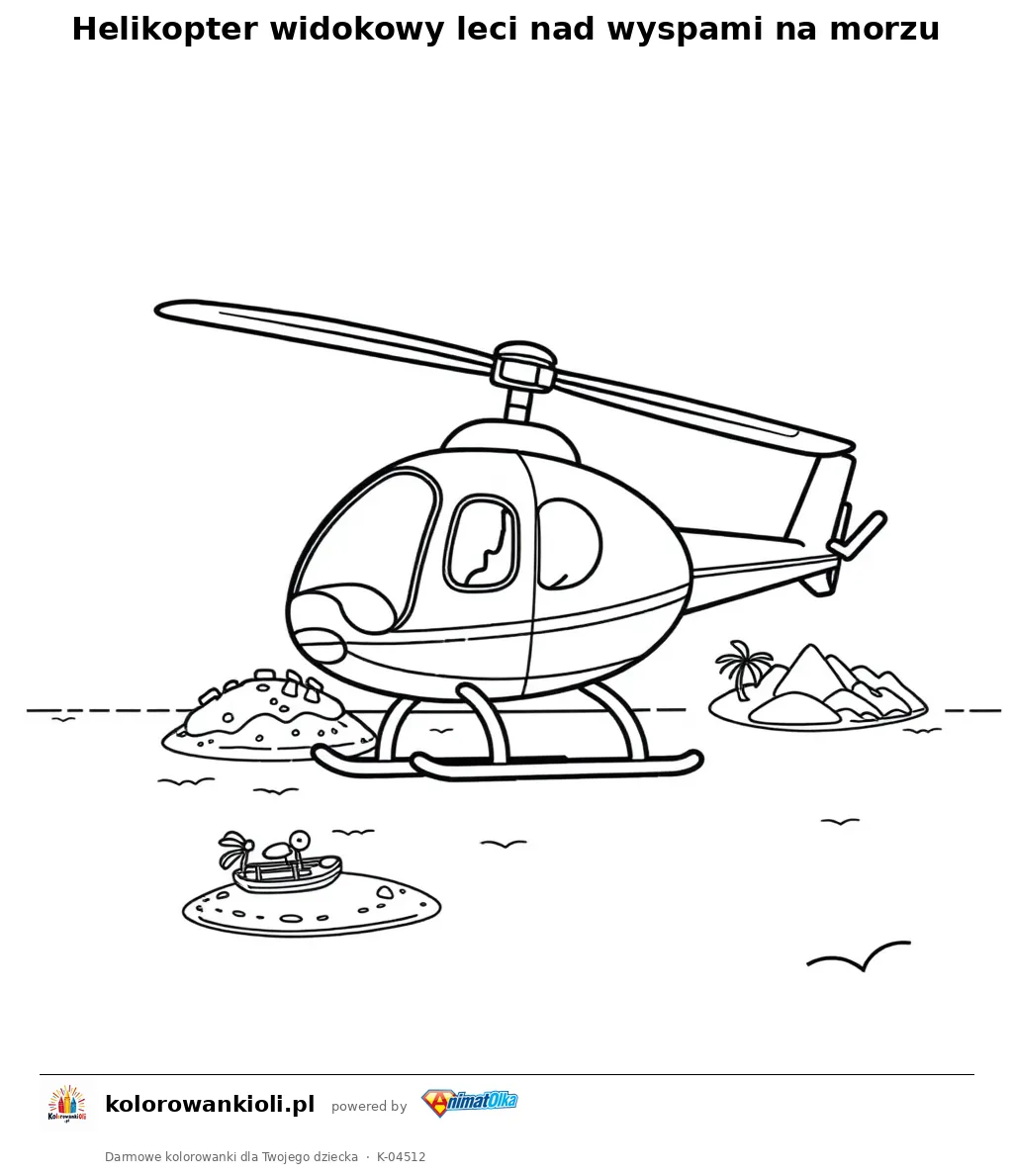 Helikopter widokowy leci nad wyspami na morzu — kolorowanka do wydruku dla dzieci