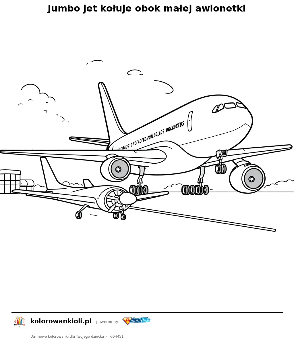 Jumbo jet kołuje obok małej awionetki — kolorowanka do wydruku dla dzieci