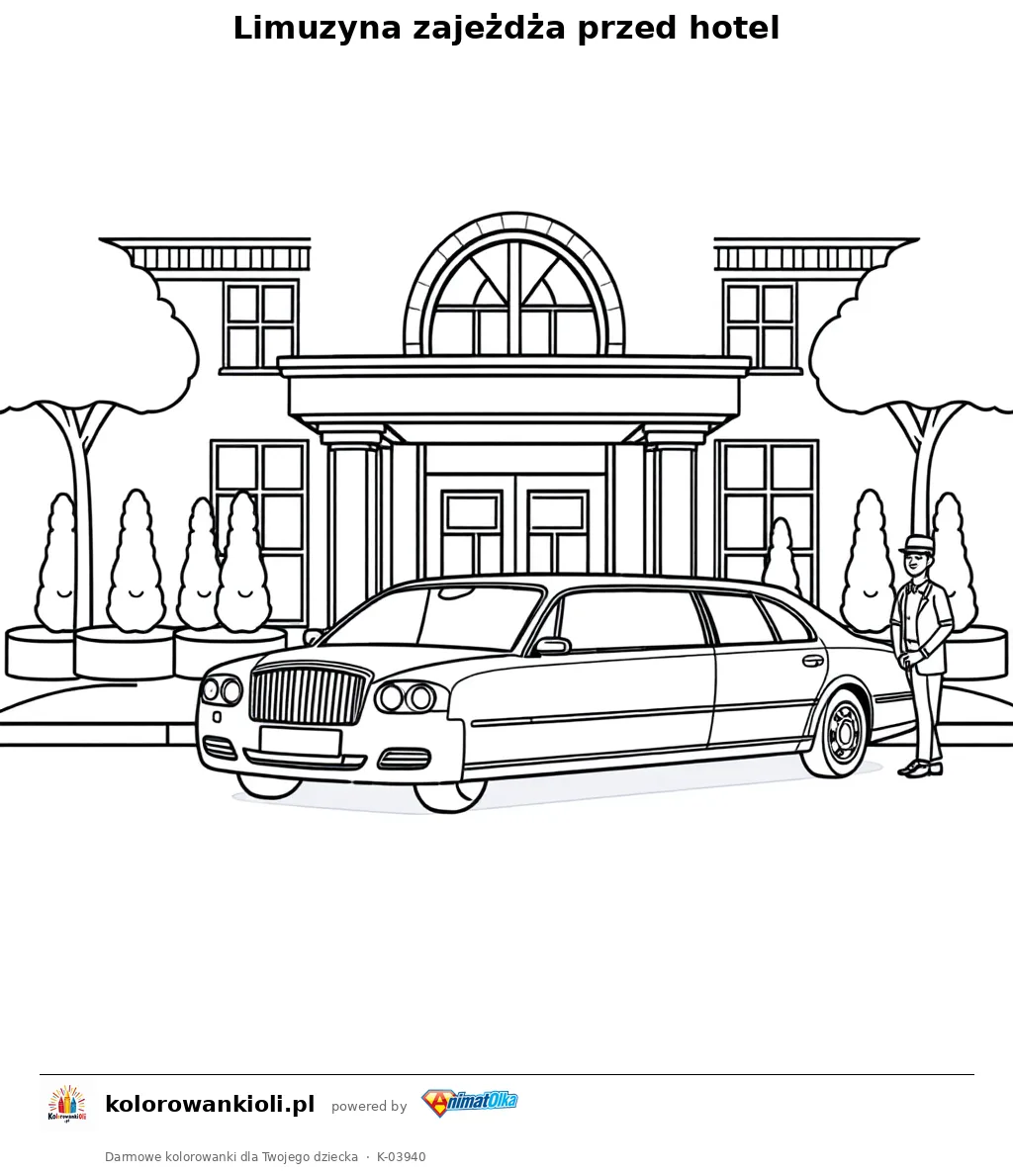 Limuzyna zajeżdża przed hotel — kolorowanka do wydruku dla dzieci