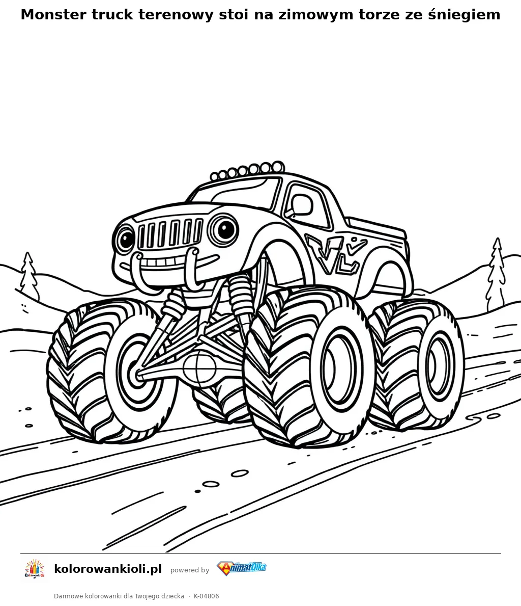 Monster truck terenowy stoi na zimowym torze ze śniegiem — kolorowanka do wydruku dla dzieci