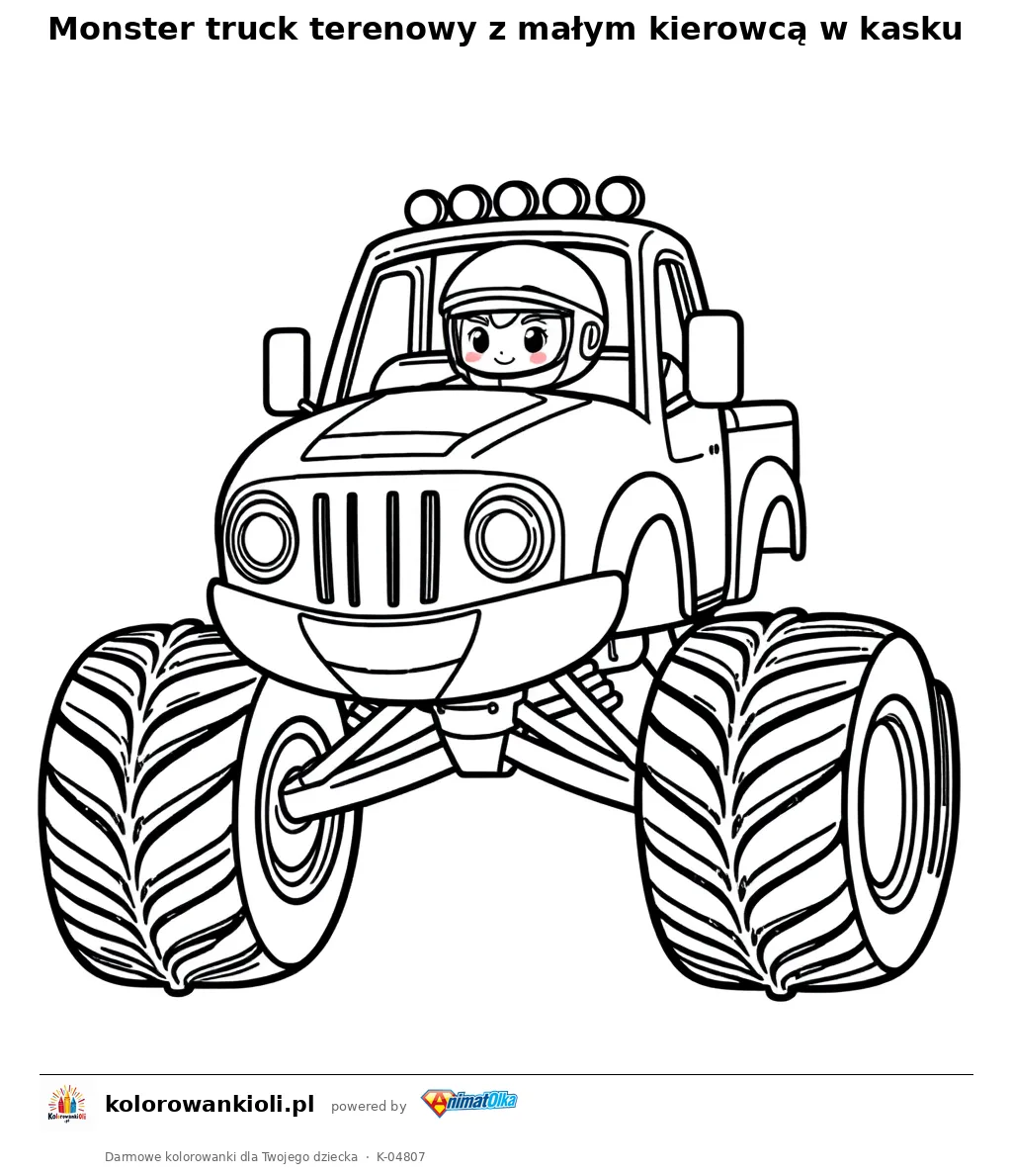 Monster truck terenowy z małym kierowcą w kasku — kolorowanka do wydruku dla dzieci