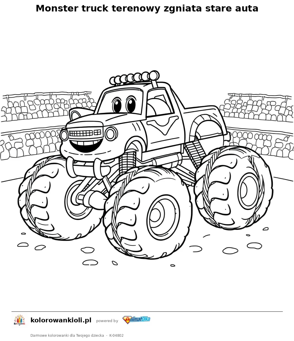 Monster truck terenowy zgniata stare auta — kolorowanka do wydruku dla dzieci