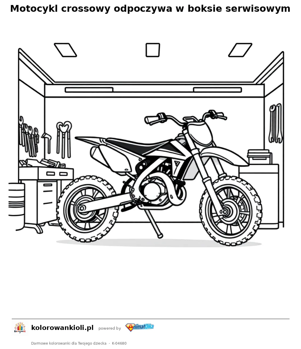 Motocykl crossowy odpoczywa w boksie serwisowym — kolorowanka do wydruku dla dzieci