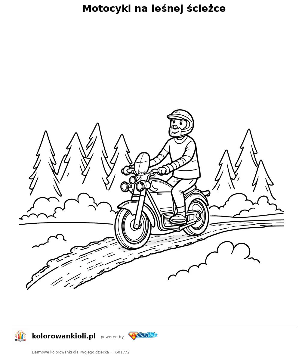 Motocykl na leśnej ścieżce — kolorowanka do wydruku dla dzieci