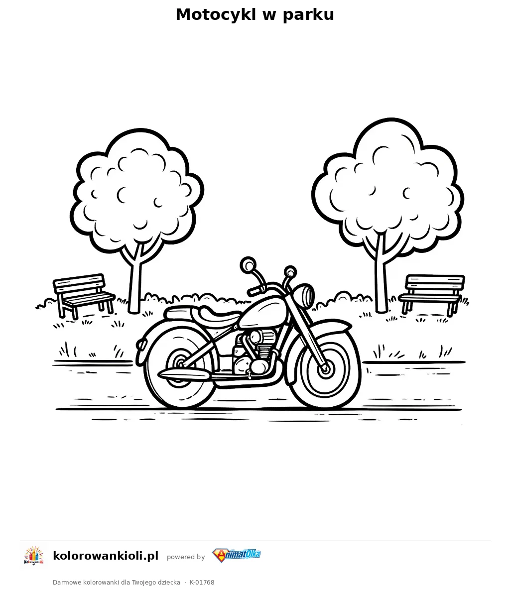 Motocykl w parku — kolorowanka do wydruku dla dzieci