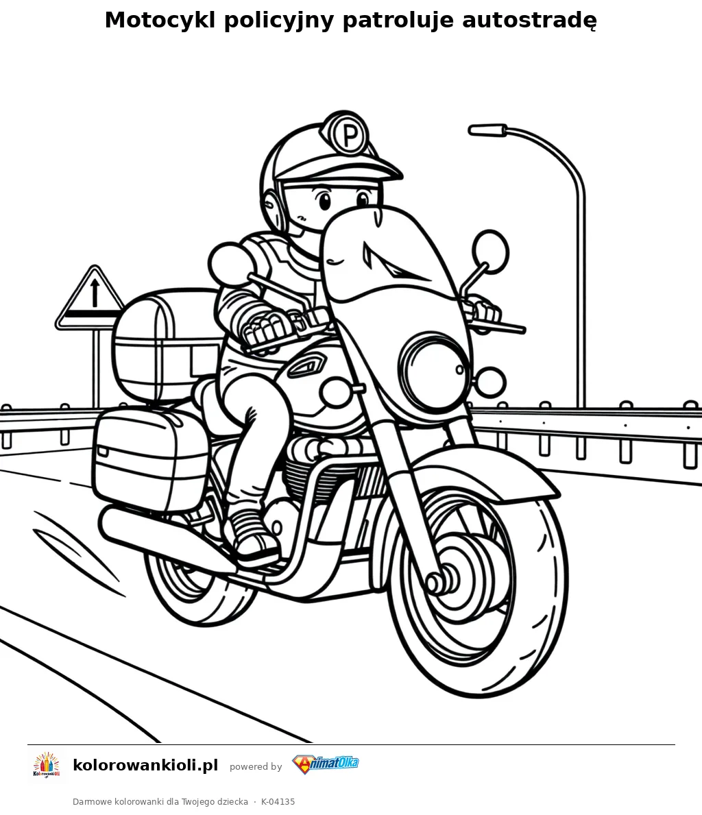 Motocykl policyjny patroluje autostradę — kolorowanka do wydruku dla dzieci