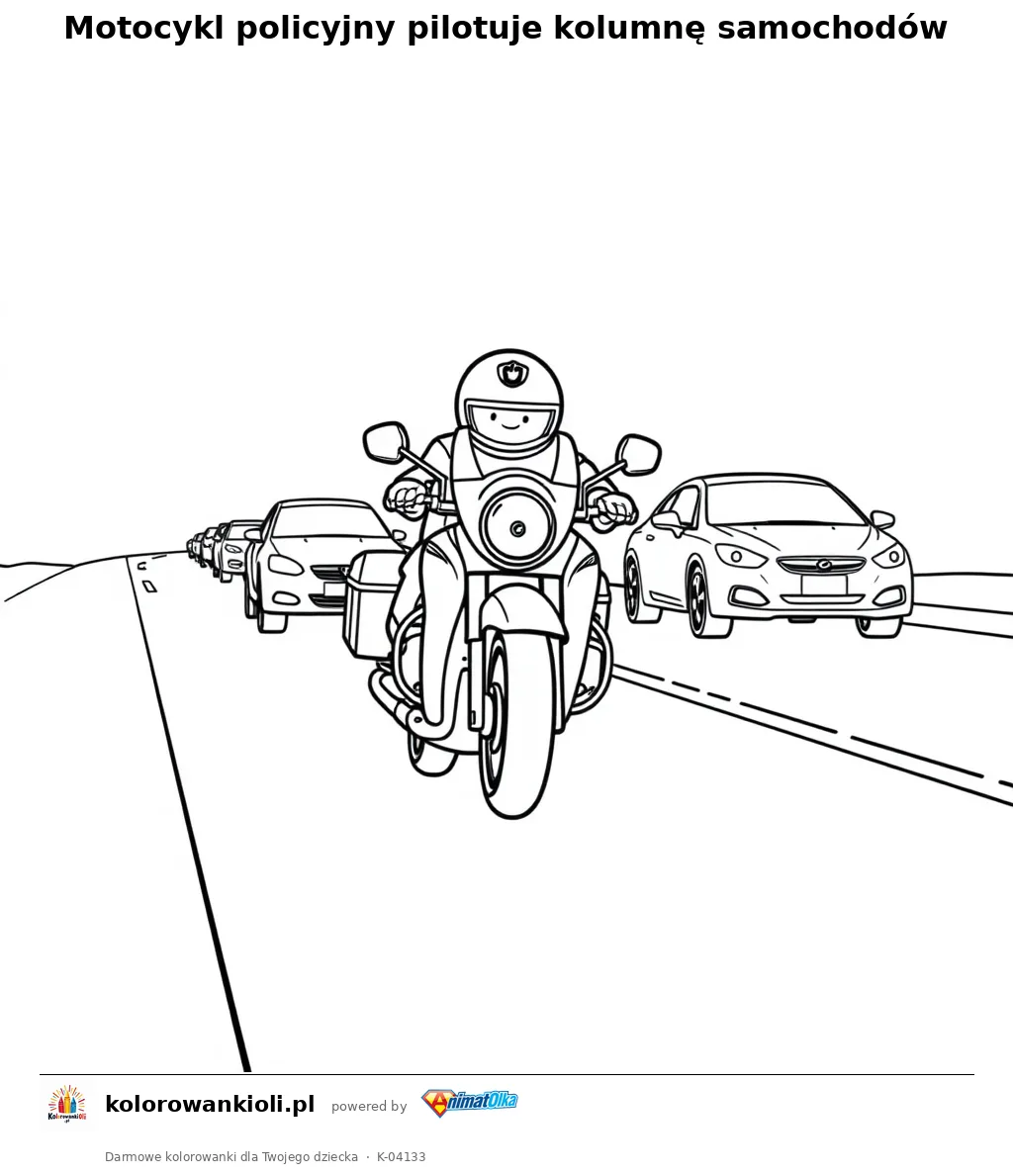 Motocykl policyjny pilotuje kolumnę samochodów — kolorowanka do wydruku dla dzieci