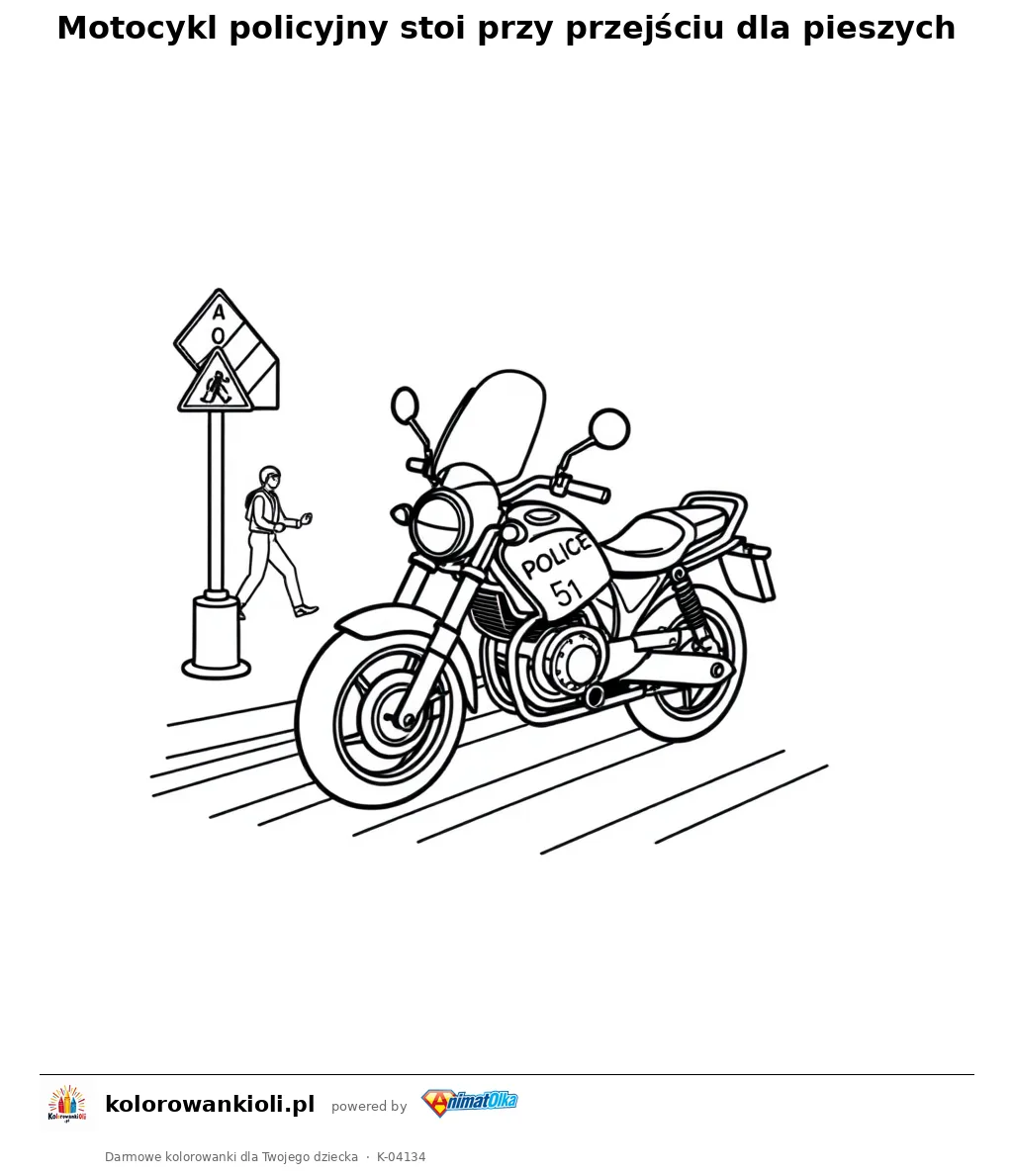 Motocykl policyjny stoi przy przejściu dla pieszych — kolorowanka do wydruku dla dzieci
