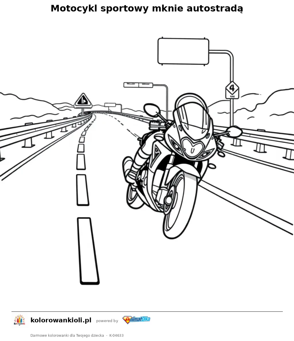 Motocykl sportowy mknie autostradą — kolorowanka do wydruku dla dzieci