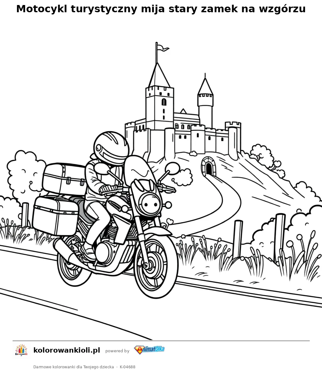 Motocykl turystyczny mija stary zamek na wzgórzu — kolorowanka do wydruku dla dzieci