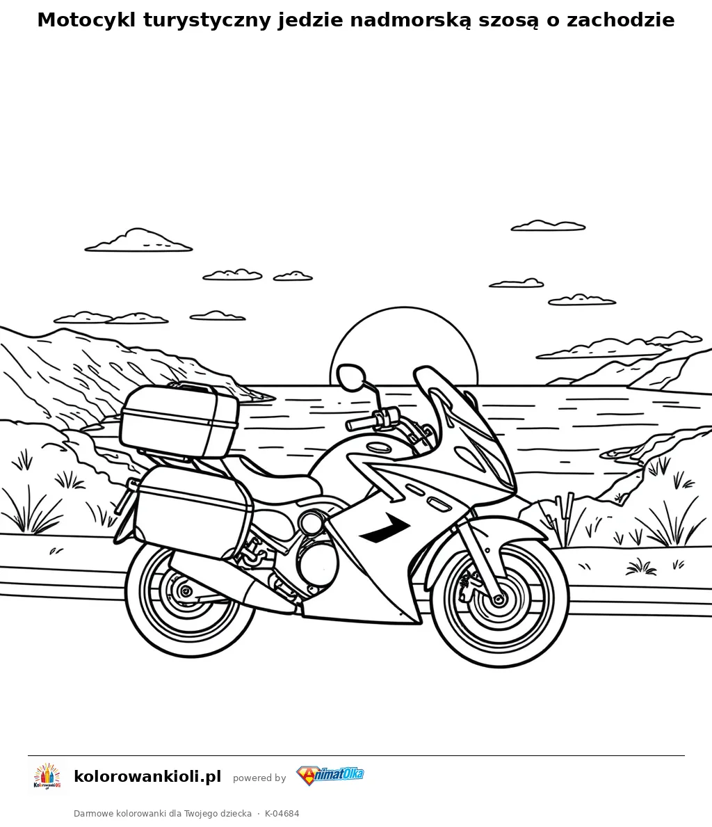 Motocykl turystyczny jedzie nadmorską szosą o zachodzie — kolorowanka do wydruku dla dzieci