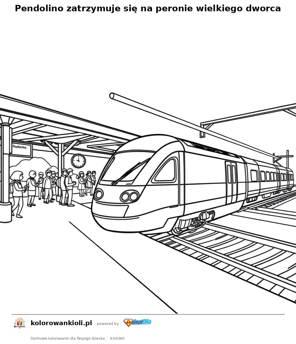 Pendolino zatrzymuje się na peronie wielkiego dworca — kolorowanka do wydruku dla dzieci