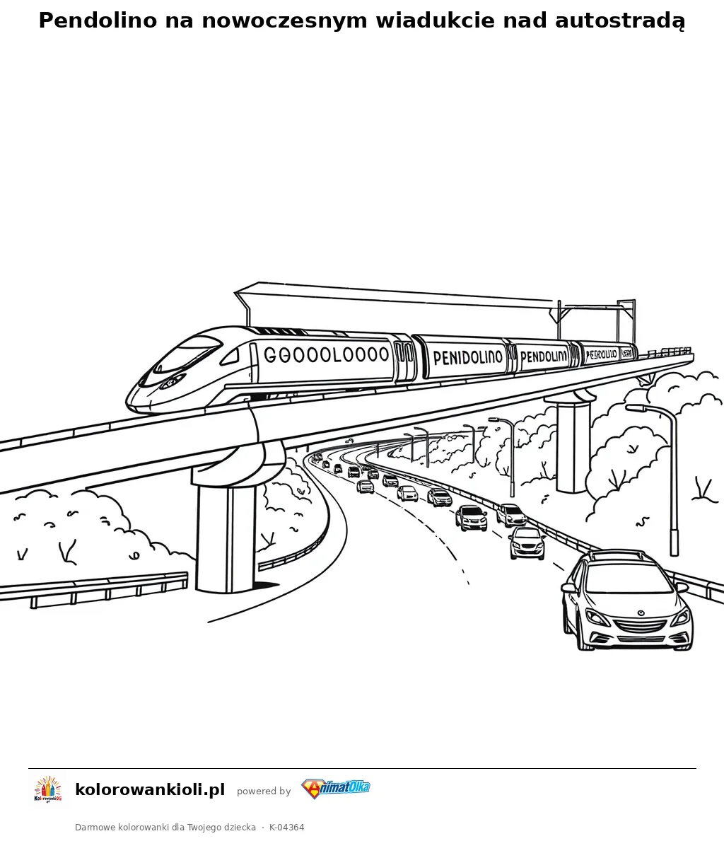 Pendolino na nowoczesnym wiadukcie nad autostradą — kolorowanka do wydruku dla dzieci