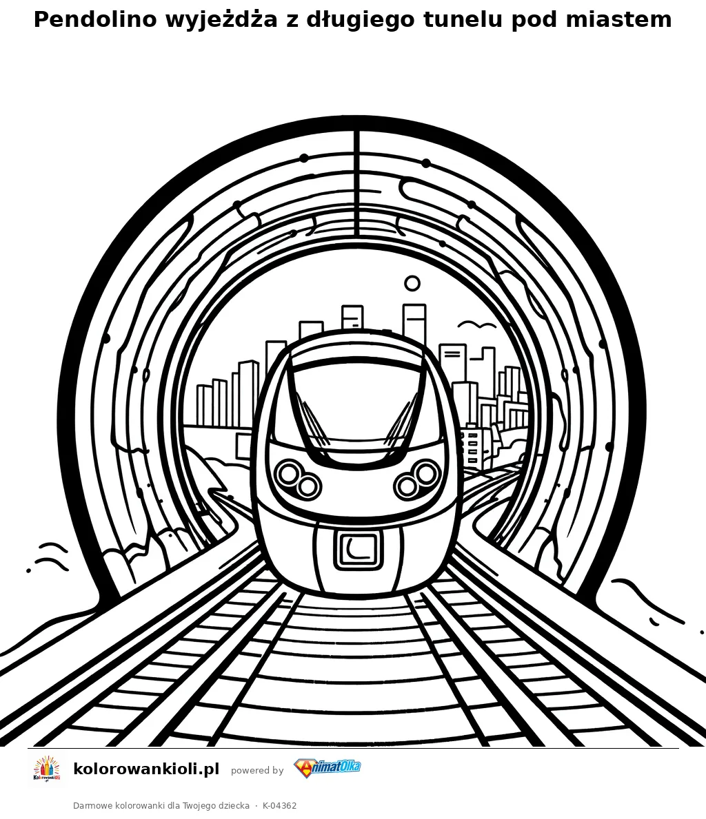 Pendolino wyjeżdża z długiego tunelu pod miastem — kolorowanka do wydruku dla dzieci