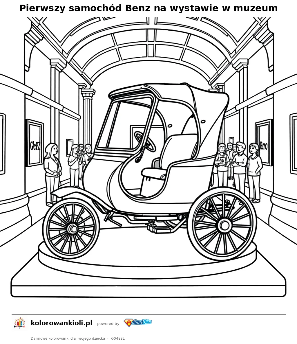 Pierwszy samochód Benz na wystawie w muzeum — kolorowanka do wydruku dla dzieci