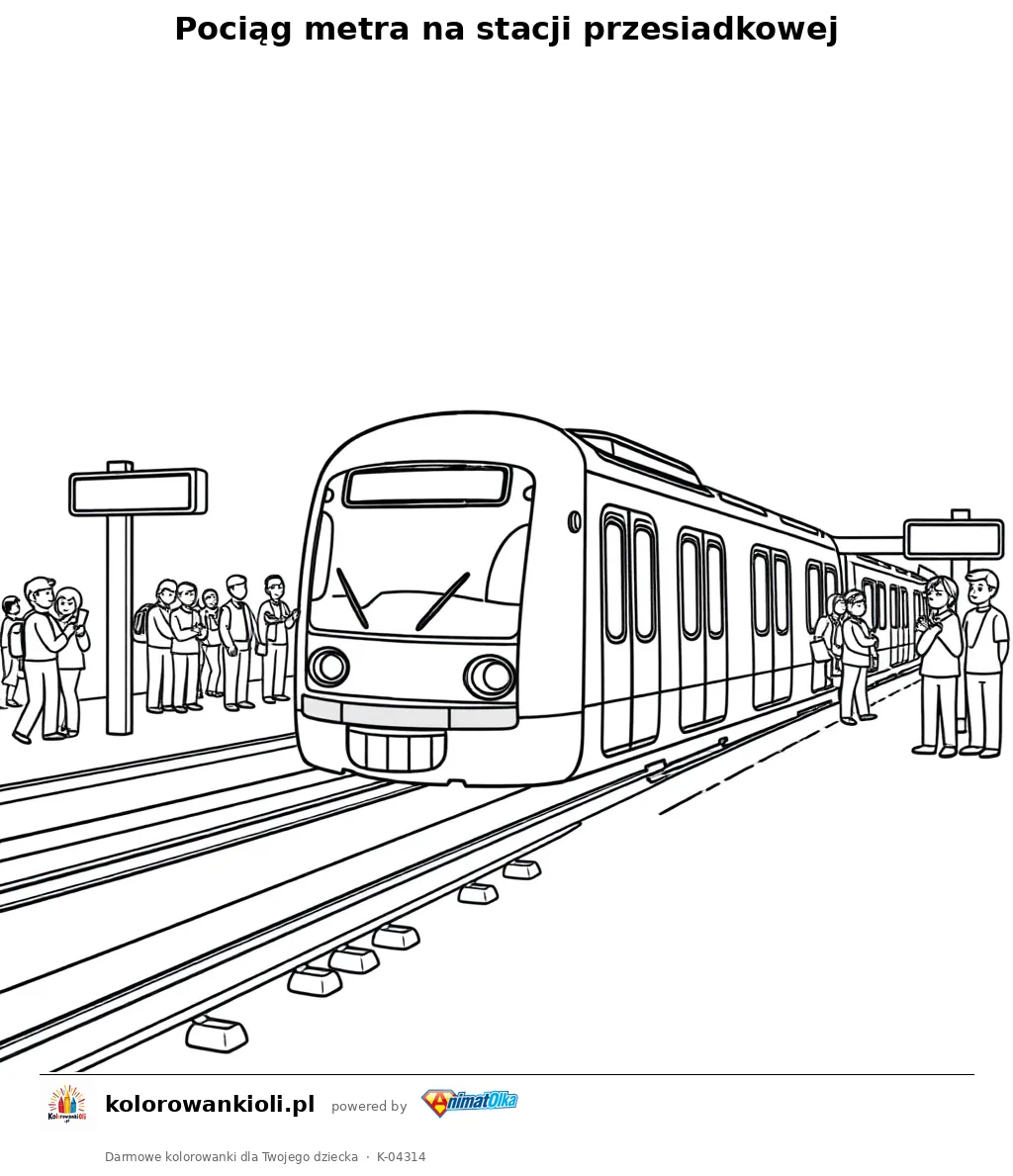 Pociąg metra na stacji przesiadkowej — kolorowanka do wydruku dla dzieci
