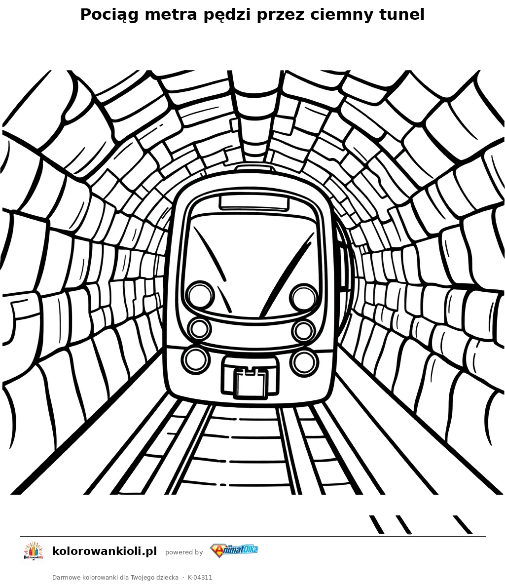 Pociąg metra pędzi przez ciemny tunel — kolorowanka do wydruku dla dzieci