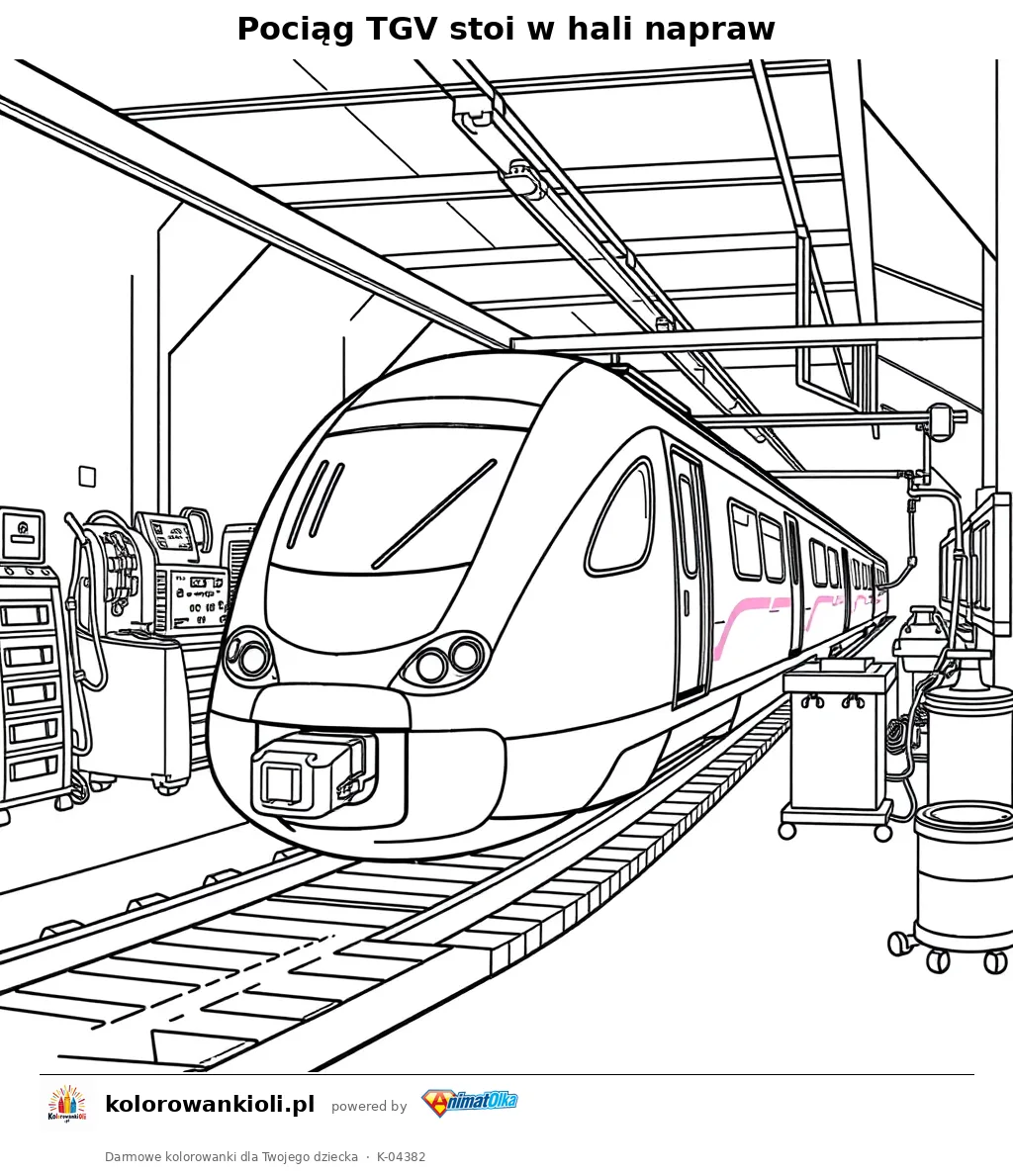 Pociąg TGV stoi w hali napraw — kolorowanka do wydruku dla dzieci