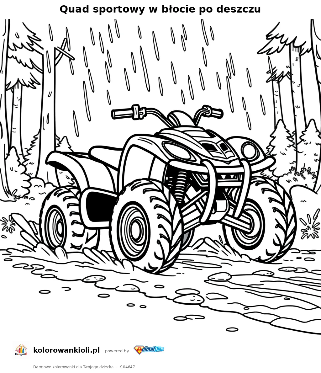 Quad sportowy w błocie po deszczu — kolorowanka do wydruku dla dzieci