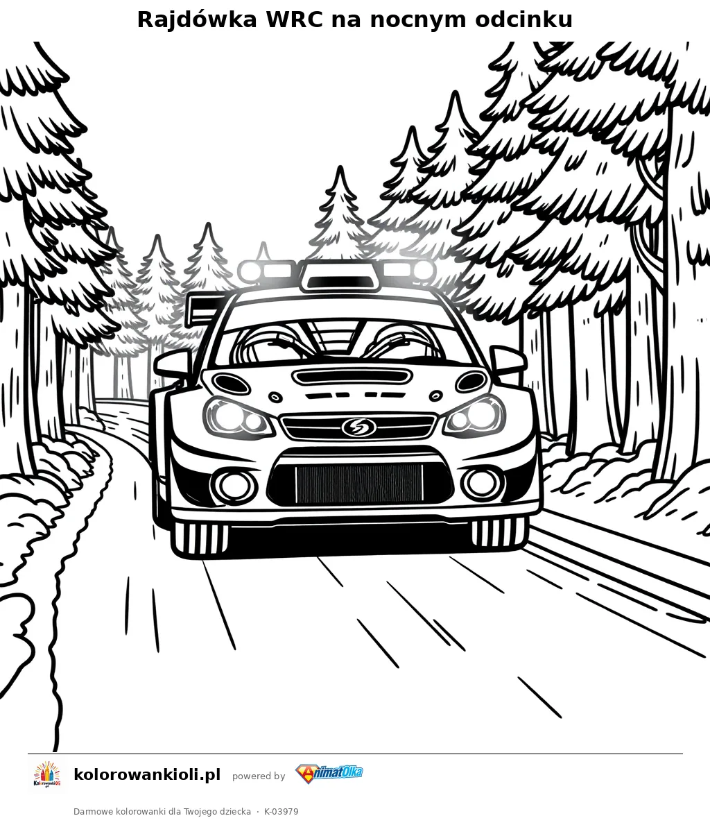 Rajdówka WRC na nocnym odcinku — kolorowanka do wydruku dla dzieci
