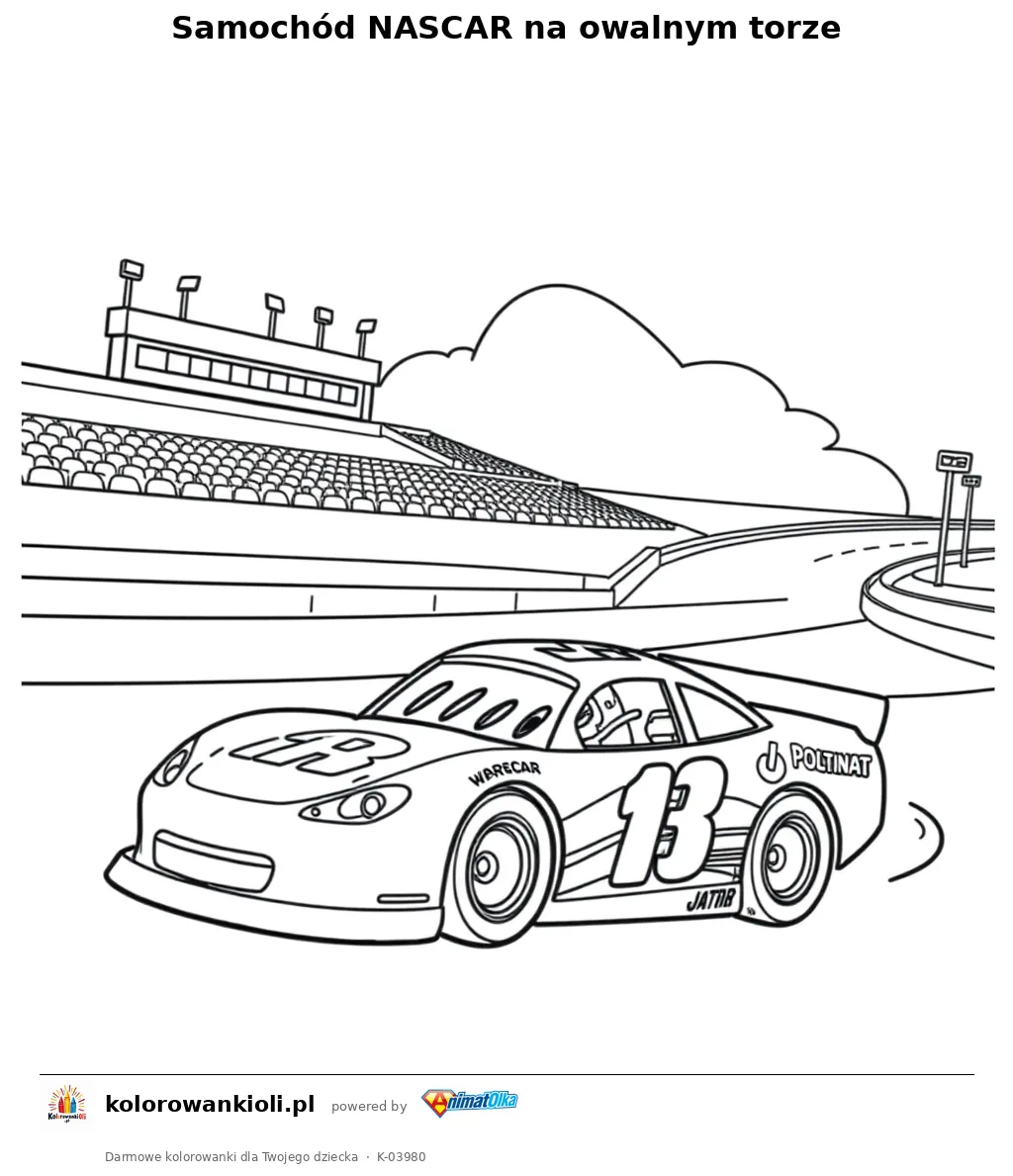 Samochód NASCAR na owalnym torze — kolorowanka do wydruku dla dzieci