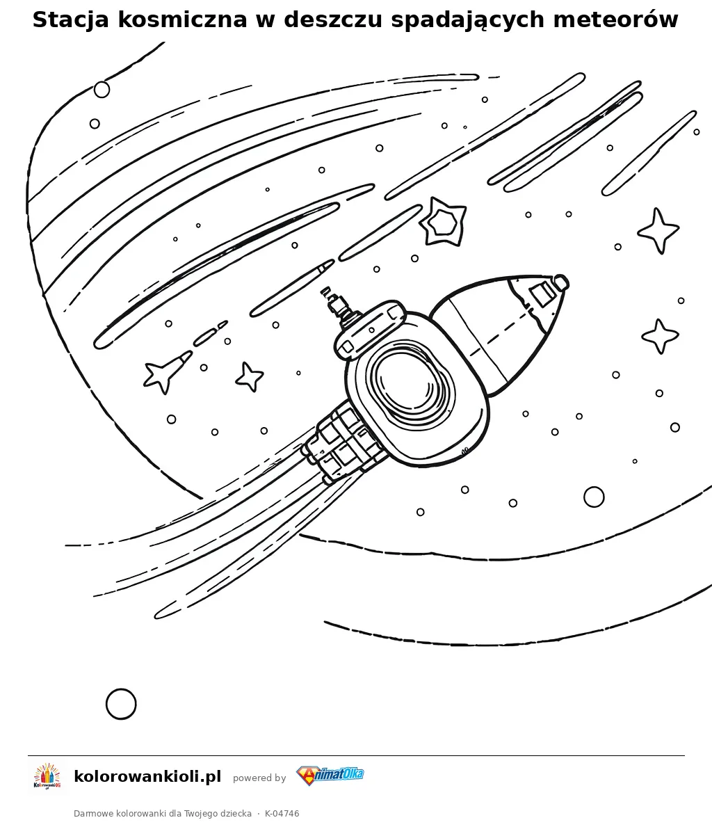 Stacja kosmiczna w deszczu spadających meteorów — kolorowanka do wydruku dla dzieci