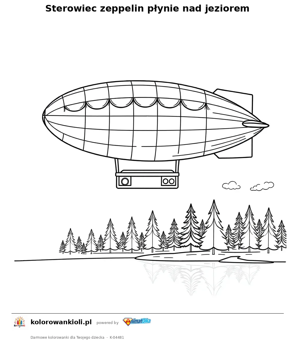 Sterowiec zeppelin płynie nad jeziorem — kolorowanka do wydruku dla dzieci