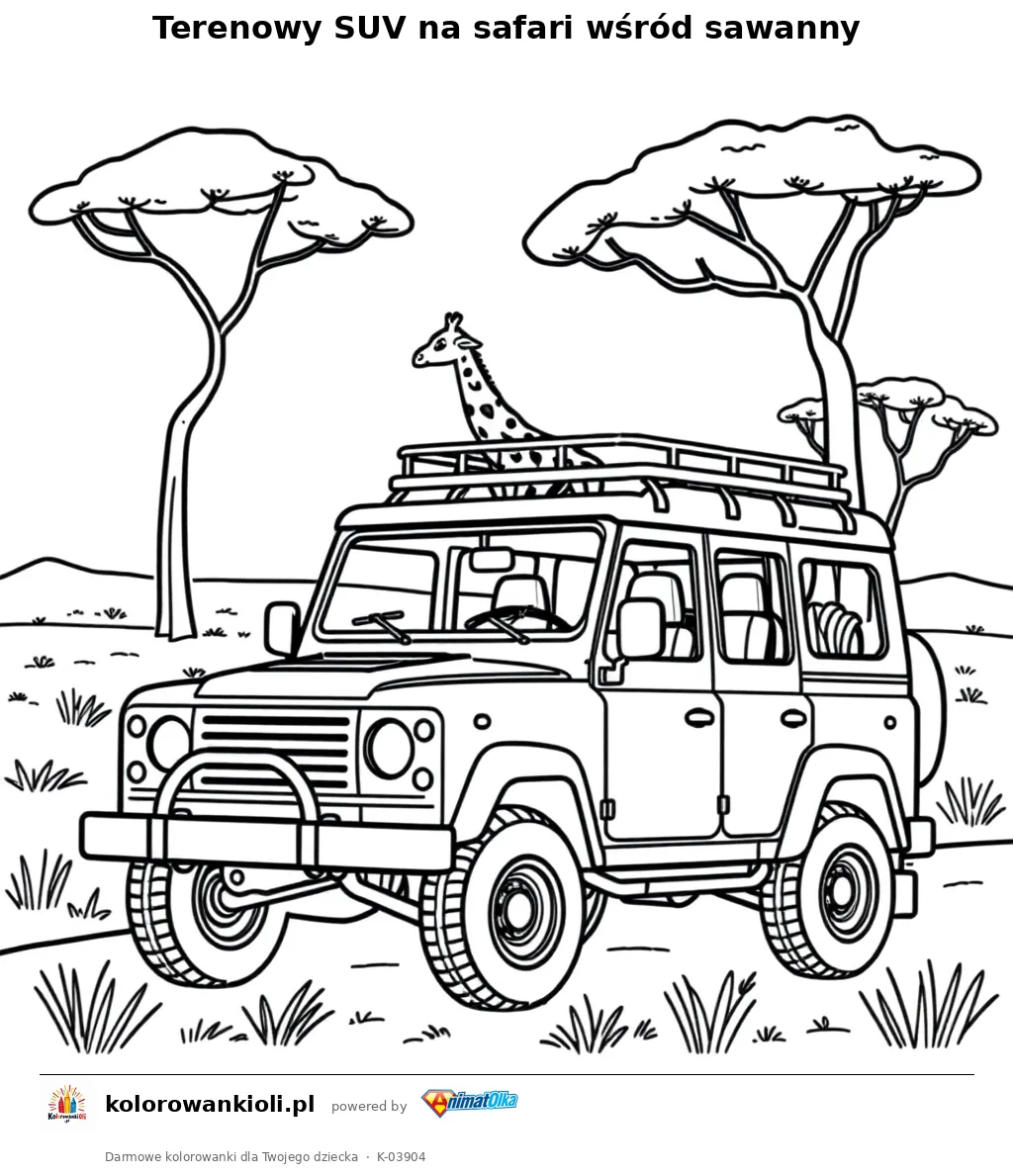 Terenowy SUV na safari wśród sawanny — kolorowanka do wydruku dla dzieci